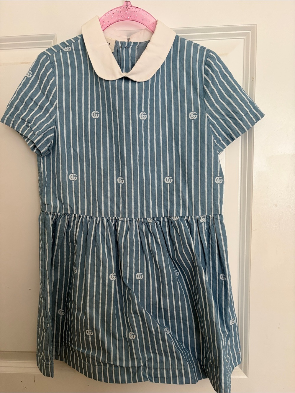 Blue and White Striped Dress with White Peter Pan Collar